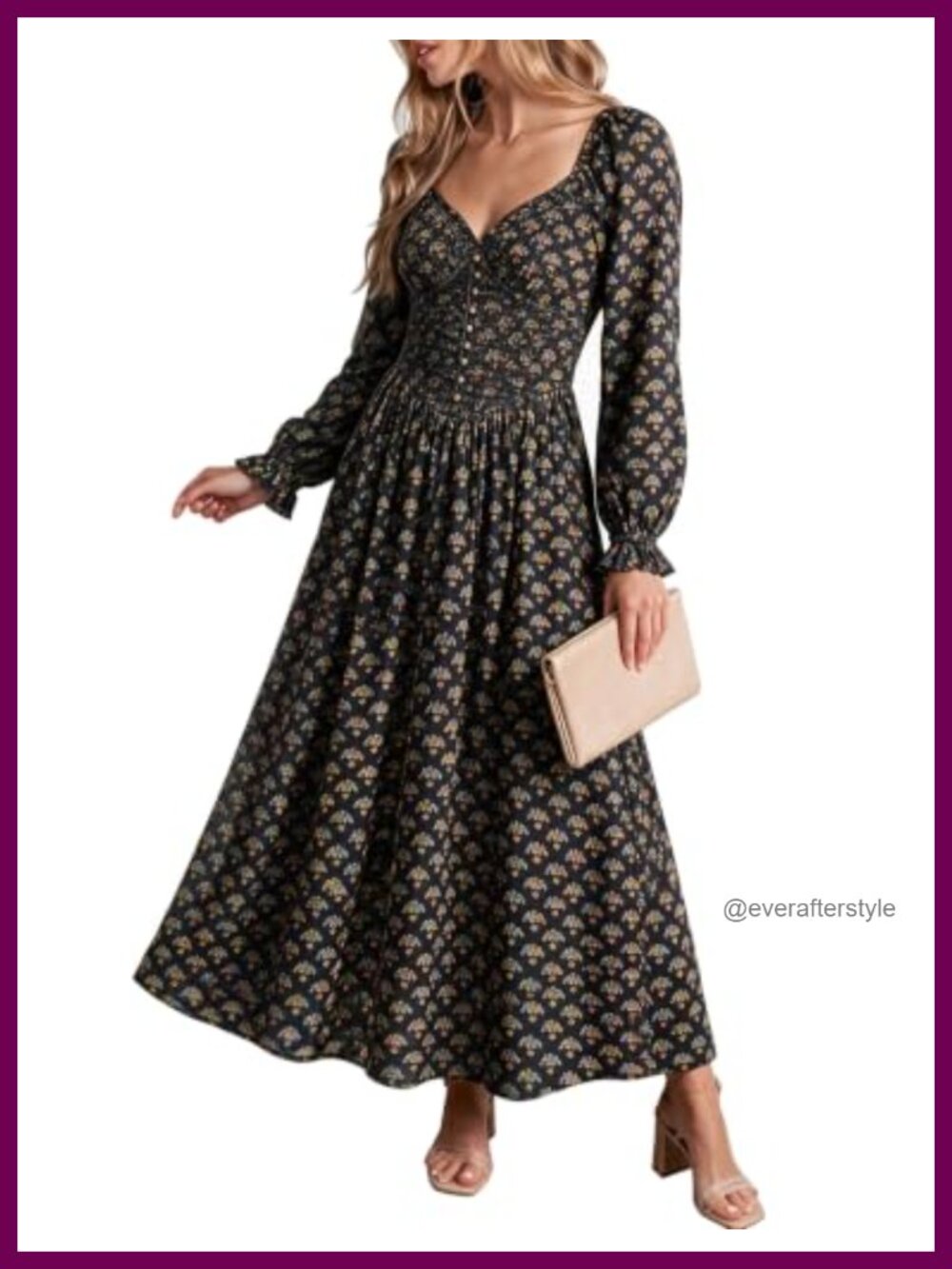 Womens Boho Floral Maxi Dress Long Sleeve V Neck Smocked Fit Flare
